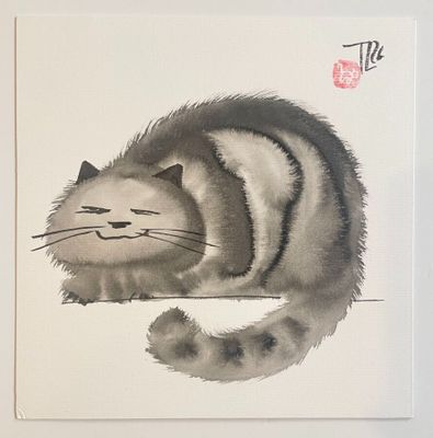 a painting of a cat that is sitting on a table