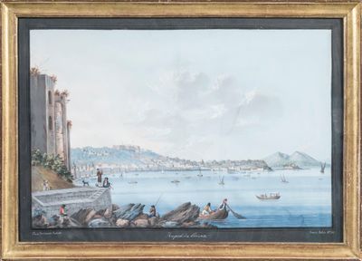 painting of a view of a harbor with boats and people on the water