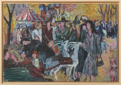 un tableau représentant des personnes et des animaux dans un parc