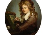 portrait of a young woman holding a brush and a painting