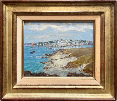 an oil painting of a beach scene with boats in the water