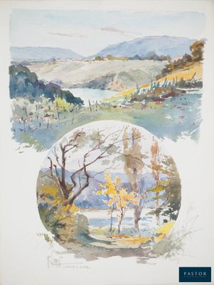 une image représentant une aquarelle représentant un paysage avec des arbres
