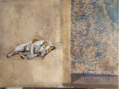 un tableau représentant un chien allongé par terre à côté d'un livre ouvert