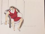a drawing of a woman in a red dress sitting on a chair
