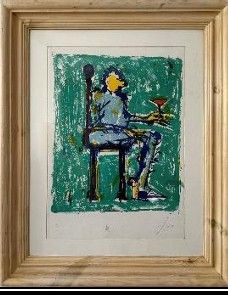 painting of a man sitting on a chair with a bird in his hand