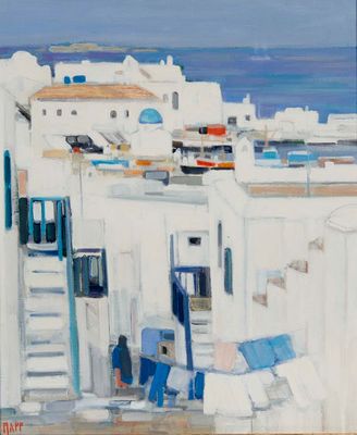 tableau représentant un bâtiment blanc aux volets bleus