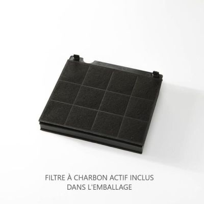 On voit le couvercle d'un ordinateur portable avec la mention « filtre à charbon actif inclus »