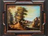 a painting of a landscape with a river and a village in the distance