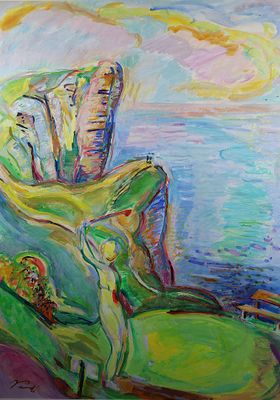 VENDI (XXème), "Golfeur à Etretat", gouache signée en bas à …