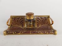 Encrier Art Nouveau en bois et laiton à décor floral 8 x 21 … (photo 2)