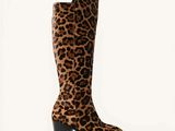 a close up of a pair of leopard print boots on a white background