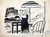 drawing of a woman sitting at a table with an umbrella over her head