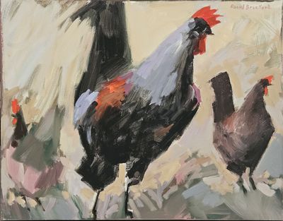 a painting of a rooster and two chickens in a field