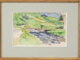 aquarelle encadrée représentant un homme en train de pêcher au bord d'une rivière