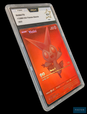 une carte Pokémon dans un étui en plastique sur fond noir