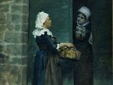 un tableau représentant une femme tenant un panier de pain