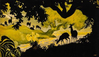 a painting of a deer and a deer in the woods