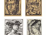 quatre gravures sur bois représentant un homme coiffé d'un chapeau, une femme coiffée d'un chapeau et un homme coiffé d'un