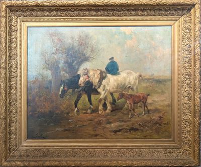 painting of a man riding a horse with two horses and a dog