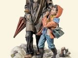 figurine of a man and a child with an umbrella