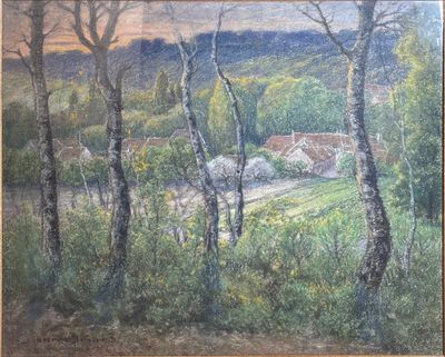 painting of a landscape with trees and a house in the distance