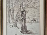 dessin encadré représentant un homme debout dans les bois, avec un cheval en arrière-plan