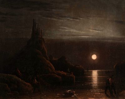 ECOLE ETRANGERE (XIXe), « Nocturne sur la crique », Huile sur panneau. - Photo 1