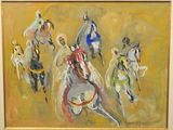 a painting of a group of people riding horses