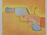 tableau représentant une main tenant un pistolet sur fond jaune