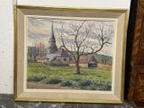 tableau représentant une église dans un champ, avec un arbre au premier plan