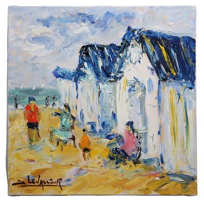 une peinture à l'huile représentant des personnes marchant sur la plage près d'un bâtiment
