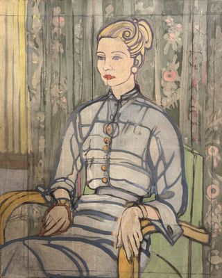 painting of a woman sitting in a chair in front of a wall