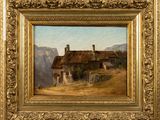 an oil painting of a house on a hill with mountains in the background