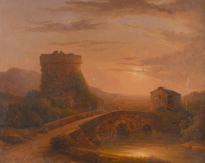 tableau représentant un pont sur une rivière, avec un château en arrière-plan