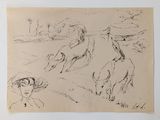 drawing of a woman and two goats in a field with a house in the background