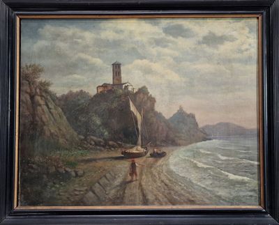 tableau représentant un voilier sur une plage rocheuse, avec un phare en arrière-plan
