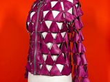 a mannequin jacket made of purple leather with white triangles on it