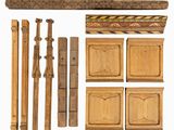 une image représentant un ensemble de meubles en bois comprenant une porte, une fenêtre et une étagère