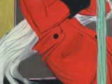 tableau représentant une femme vêtue d'un manteau rouge et aux longs cheveux blancs
