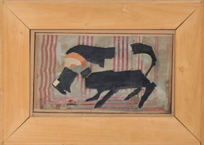 une image représentant un tableau où figurent un chat et un chien sur un fond rayé