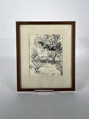 un dessin représentant un arbre, dans un cadre en bois, sur fond blanc