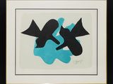 un tableau noir et bleu, encadré de noir, accroché à un mur blanc