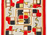 foulard carré rouge et noir orné d'une illustration représentant un bus