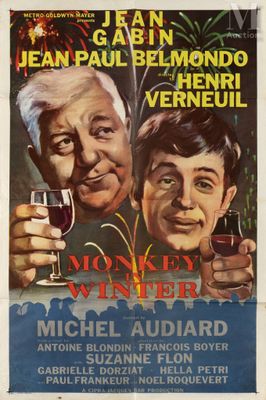 une affiche du film « Monkey Winter » sur laquelle figurent deux hommes tenant des verres à vin