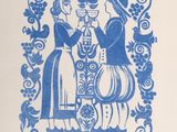 un dessin en bleu et blanc représentant un homme et une femme