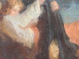 painting of a woman holding a child in her arms with a horse in the background