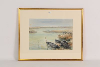 aquarelle encadrée représentant deux bateaux sur un lac bordé de roseaux