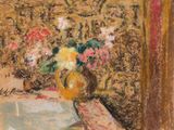 une peinture représentant un vase de fleurs sur une table