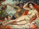 un tableau représentant une femme nue allongée sur une couverture