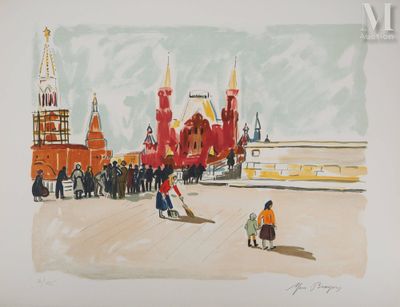 tableau représentant des personnes marchant devant un bâtiment rouge, avec une tour horloge en arrière-plan